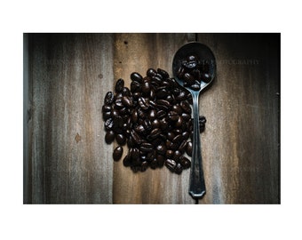 Rustic Photograph of Coffee Beans and Spoon, Coffee Beans Prints Wall Art, Kitchen Wall Art, Food Photography, Farmhouse Home Decor