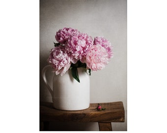 Photograph of Pink Peonies in a Simple Vase, Floral Wall Art, Botanical Country Decor, Peony Print, Art for Home Staging Idea