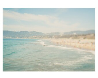 Photograph of Santa Monica Beach and Mountains Wall Art, Southern California Pacific Ocean Beach Print, Whimsical Beach House Wall Art,