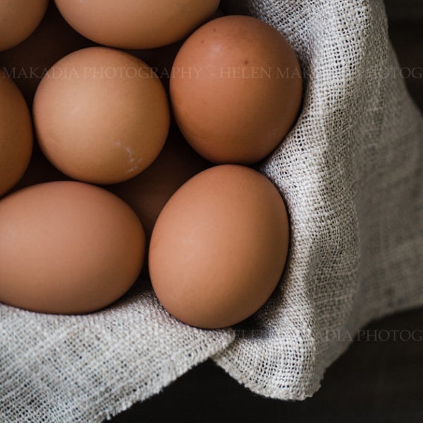 Photograph of Browns Eggs on Linen Napkin for Rustic Wall Decor, Neutral and Natural Tones for Farmhouse Decor, Dining Room Food Print