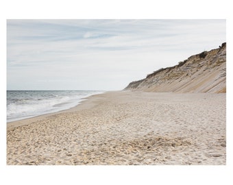 Photograph of Sandy Cliffs and the Wide Ocean of Cape Cod Marconi Beach, Peaceful Beach House Decor, Cape Cod Art, Neutral Blue Beige Decor