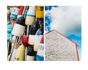 Colorful Lobster Buoys and Weathered Shingles Set of 2 Prints, Cape Cod Art, Beach House Decor, Nautical Prints, Bathroom Wall Art