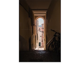 Portugal Photograph, Narrow Street and Cobblestone Walkway in Lisbon, Ready to Frame Vertical Wall Art for Room Decor, Travel Photography