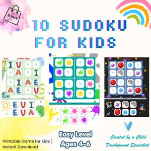 May include: A colorful digital graphic for kids featuring the text "10 SUDOKU FOR KIDS." The image includes sample Sudoku puzzles with colorful graphics and the text "Easy Level Ages 4-6." The words "Printable Game for Kids" and "Instant Download" are also visible.