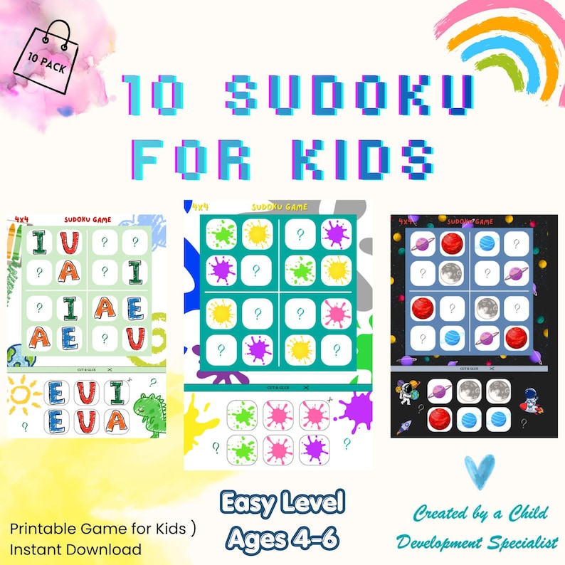 May include: A colorful digital graphic for kids featuring the text "10 SUDOKU FOR KIDS." The image includes sample Sudoku puzzles with colorful graphics and the text "Easy Level Ages 4-6." The words "Printable Game for Kids" and "Instant Download" are also visible.
