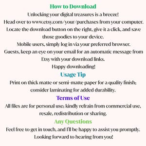 May include: A digital download guide with instructions on how to download files from Etsy. The text includes steps for computer and mobile users, usage tips, and terms of use. The guide is on a light pink background with green, blue, and purple text.