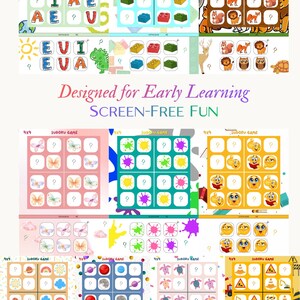 May include: A collection of colorful 4x4 Sudoku game boards designed for early learning. The boards feature various themes, including letters, shapes, animals, emojis, and more. The text "Designed for Early Learning SCREEN-FREE FUN" is also visible.