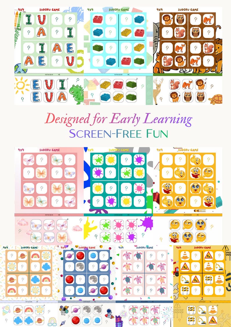 May include: A collection of colorful 4x4 Sudoku game boards designed for early learning. The boards feature various themes, including letters, shapes, animals, emojis, and more. The text "Designed for Early Learning SCREEN-FREE FUN" is also visible.