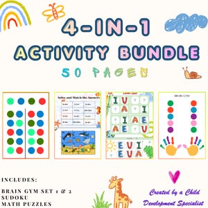 May include: A colorful activity bundle with the text "4-IN-1 ACTIVITY BUNDLE" and "50 PAGES". Includes Brain Gym, Sudoku, and Math Puzzles. The image features various educational games and activities for children.