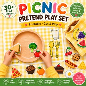 Op de afbeelding: Een printbare picknick-speelset met meer dan 30 voedselstukken. De set bevat kleurrijke illustraties van een sandwich, broccoli, tomaat, pizzapunt, muffin, sinaasappel, taart, hotdog, kaas, ei, banaan, druiven, watermeloen en kersen.
