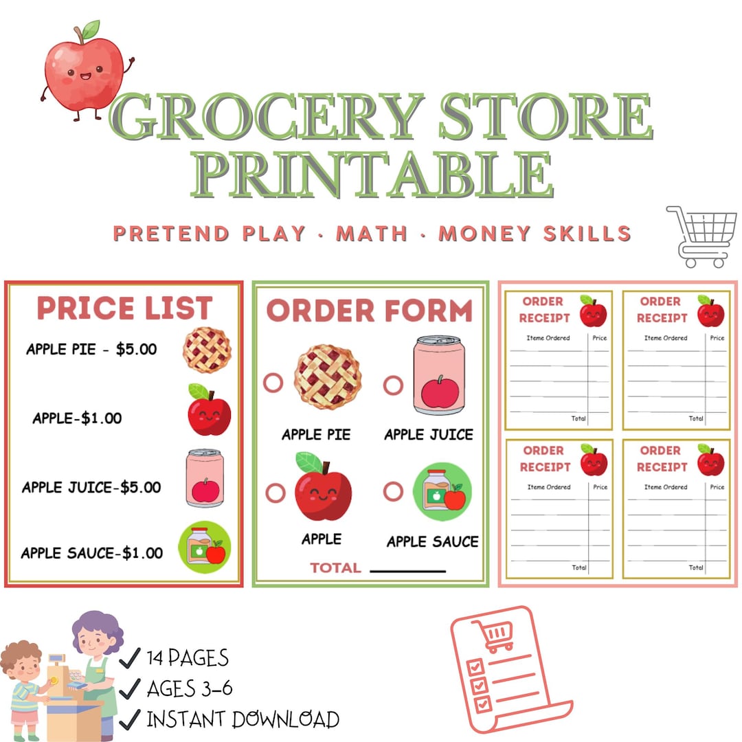 Kids Grocery Store Printable | Apple Theme Pretend Play Math Activity ...