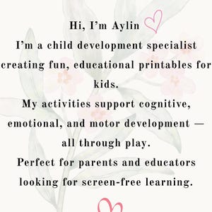 May include: A digital download advertisement with the text "Meet the Creator." The text describes Aylin, a child development specialist, who creates educational printables for kids. The activities support cognitive, emotional, and motor development.