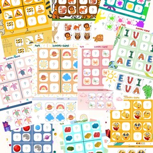 May include: A collection of colorful Sudoku game cards, each featuring a 4x4 grid with various themes like animals, emojis, and shapes. The cards are designed for educational and recreational purposes.