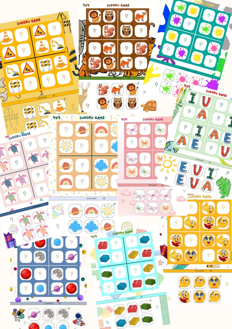 May include: A collection of colorful Sudoku game cards, each featuring a 4x4 grid with various themes like animals, emojis, and shapes. The cards are designed for educational and recreational purposes.