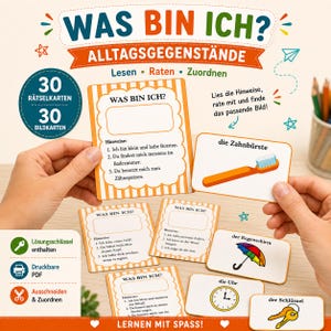 May include: A set of educational cards titled WAS BIN ICH? ALLTAGSGEGENSTÄNDE featuring 30 riddle cards and 30 picture cards. The cards display German text, including clues and illustrations of objects like a toothbrush, umbrella, clock, and keys.