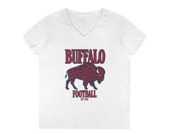 Buffalo Football V-Neck Tee, Red and Blue Cheetah Print, Buffalo Womens Game Day Style, Buffalo Bills, NFL