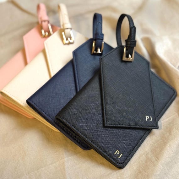 Personalised Passport Holder and Luggage Tag Set, Custom Monogram Travel Accessories, Passport Cover and Bag Tag