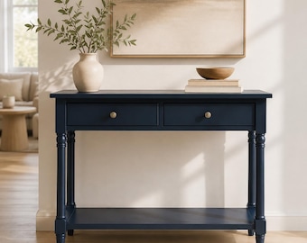 Solid Wood Console Table, Vintage Walnut Entryway Table, Narrow Hallway Table with Drawers and Storage Shelf