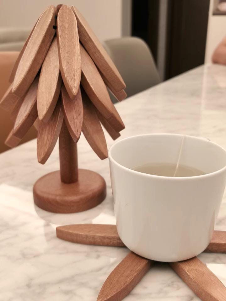 Wooden Trivets for Hot Dishes Folding Tree Shape Black Walnut Table Mat ...