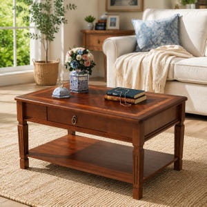 May include: A rectangular wooden coffee table with a rich brown finish, featuring a herringbone patterned tabletop, a single drawer with a circular metal pull, and a lower shelf. The table stands on four fluted legs and has a smooth surface.