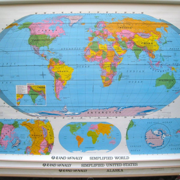 Vintage Rand McNally Pull Down Simplified School Wall Map of the World- Triple Map