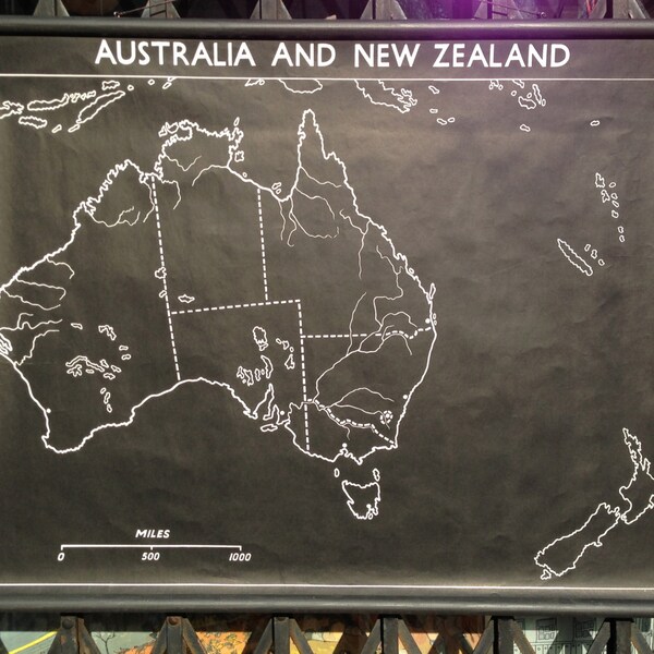 Vintage Mid Century Chalk Outline School Roll Up Classroom Map of Australia and New Zealand