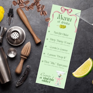 Menu drinków, Szablon menu baru, Menu koktajli, Szablon menu drinków, Niestandardowe menu drinków, Drinki firmowe, 30. urodziny, 40. urodziny