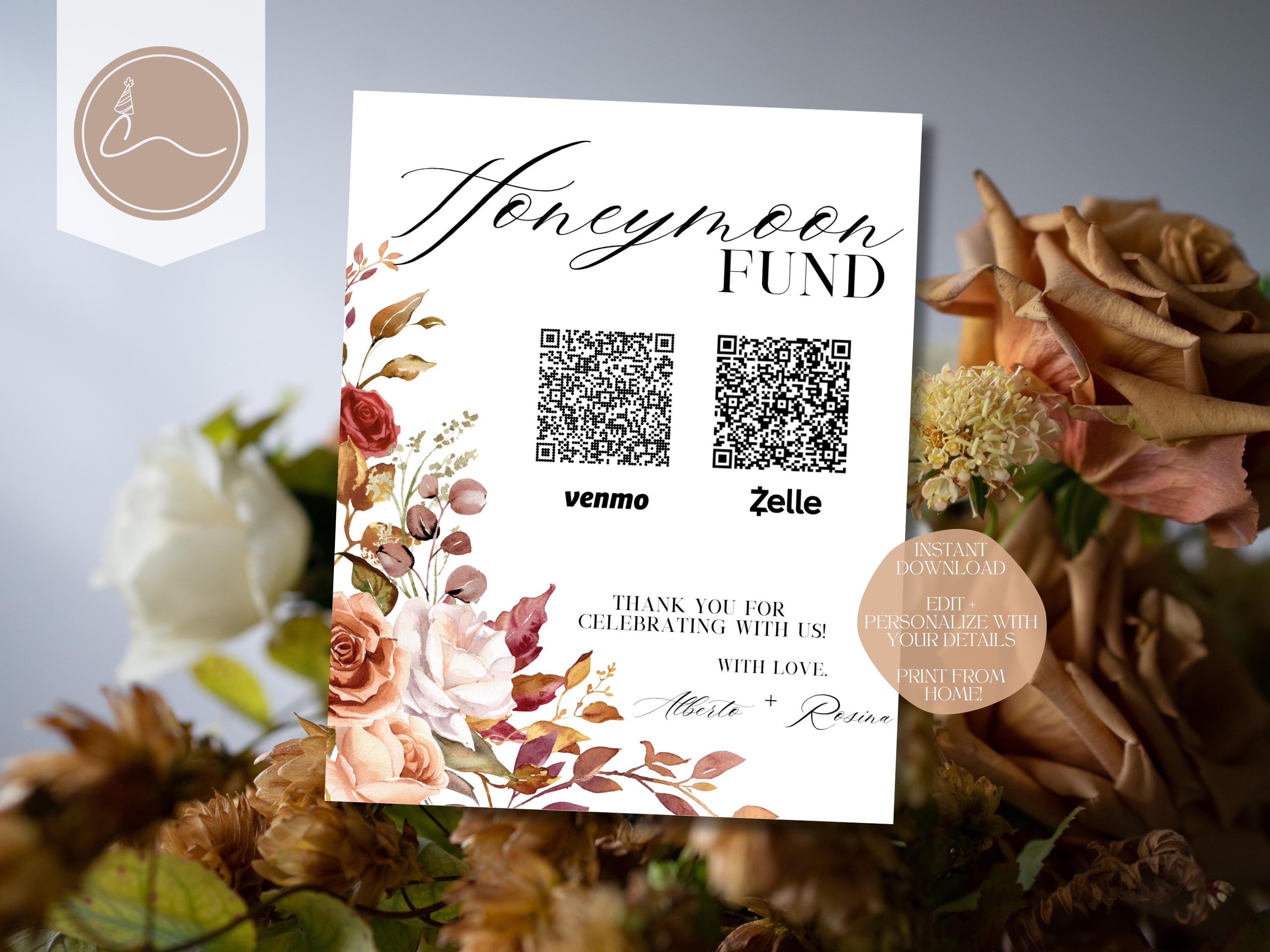 Modern Honeymoon Fund Sign, Venmo Zelle Honeymoon Sign, Editable