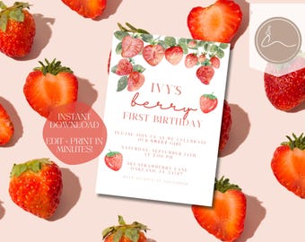 Berry First Birthday Invitation, Berry First Birthday Party, Editable 1st Birthday Girl Invite, Printable Strawberry First Birthday Invite