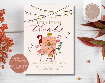 May include: A pink and white printable Thanksgiving invitation with a cartoon illustration of a table setting with food and string lights. The text reads "It's Giving Thanks" and includes details for a Friendsgiving Potluck Dinner on November 23rd at 5:30 PM. The address is 8327 Friendship Lane, Oakland, FL 31787.