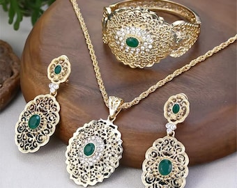 Elegancki pozłacany arabski zestaw biżuterii dla kobiet, marokański kaftan, zestaw ślubny z naszyjnikiem, kolczykami, bransoletką, biżuteria w stylu ślubnym
