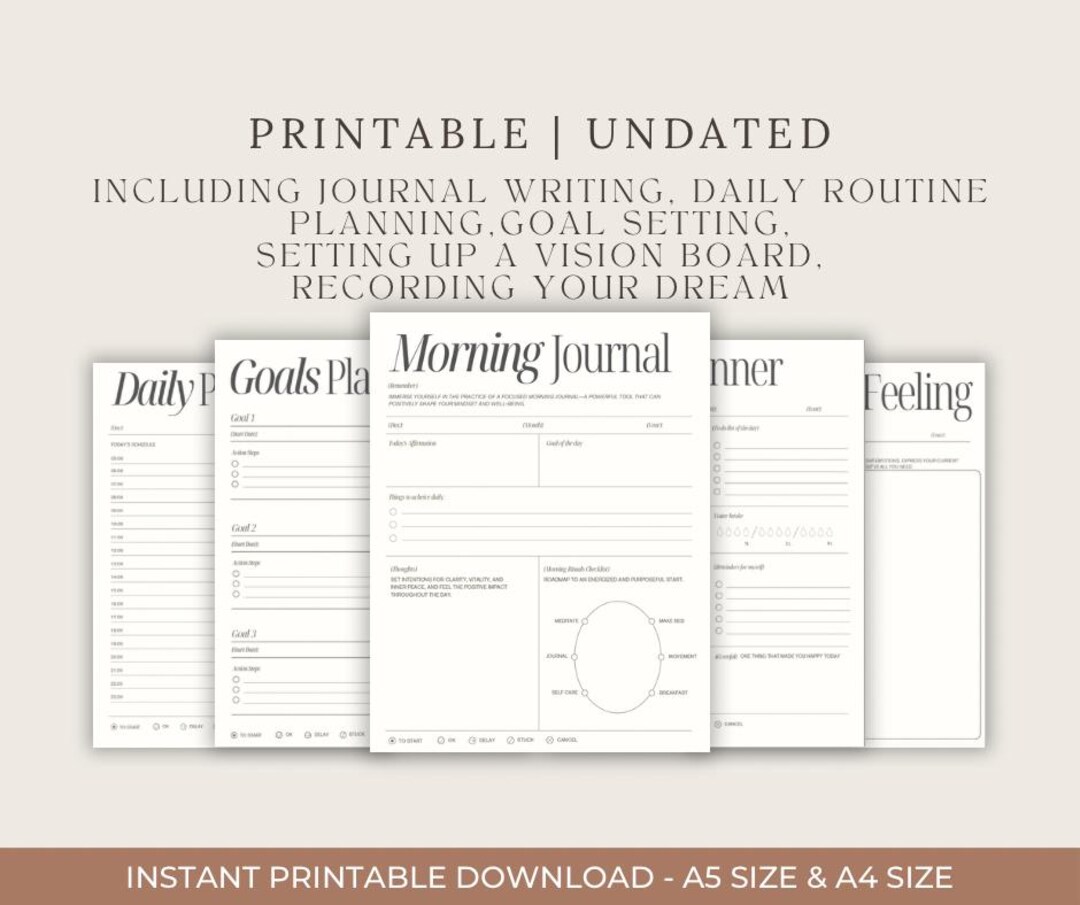 Printable Minimalist Journal Digital Planner With Goal Setting, Vision Board, Daily Routine ...