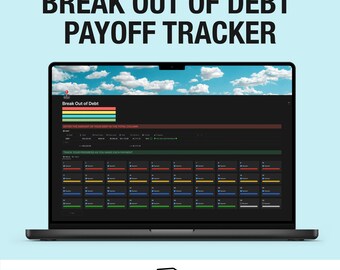 May include: A laptop screen displaying a Notion template for a debt payoff tracker. The template has a dark background with a blue sky and white clouds in the background. The title of the template is "Break Out of Debt".