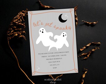 May include: A gray and white Halloween party invitation with a peach border. The invitation features two white ghosts and a crescent moon with stars. The text reads "let's get spooky" and includes the party details: date, time, location, and address.