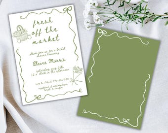 May include: A green and white bridal shower invitation with a hand-drawn illustration of a basket of flowers and the text "fresh off the market". The invitation is for Elaine Morris and includes the date, time, and RSVP information.