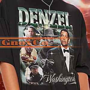Könnte beinhalten: Schwarzes Unisex-T-Shirt mit einem Grafikdruck von Denzel Washington und dem Text "Denzel Gnox Co Washington".