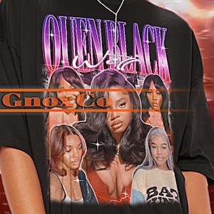 Könnte beinhalten: Schwarzes Oversize-T-Shirt mit einem grafischen Druck einer Gruppe von Frauen und dem Text "Queen Black with Gnox Co."
