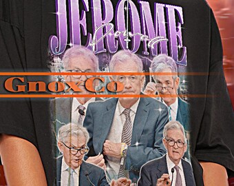 May include: Black oversized t-shirt with a graphic print of a group of men in suits. The text "JEROME" is printed in purple on the shirt. The model is wearing the shirt and has black sunglasses on.