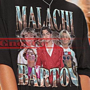 May include: Black unisex t-shirt with the text "MALACHI BARTON" in a metallic font. The shirt features a graphic of four people. The top of the shirt reads "TSHIRT Unisex".