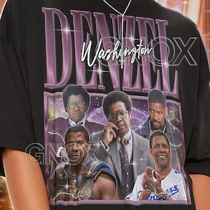 Könnte beinhalten: Schwarzes Unisex-T-Shirt mit einer Collage von Denzel Washington-Bildern. Das Shirt zeigt "DENZEL WASHINGTON" in einer violetten, stilisierten Schriftart. Die Worte "TSHIRT Unisex" stehen oben.