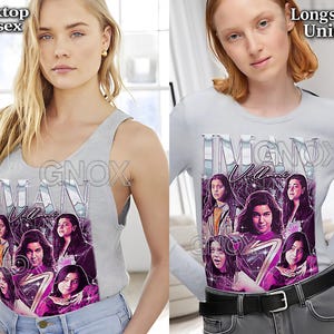 May include: A light gray unisex tank top and long-sleeve shirt. Both shirts feature a graphic of a group of women with the text "IMAN Vellani" and the brand name "GNOX". The tank top is sleeveless, and the long-sleeve shirt has a crew neck.