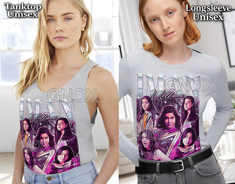 May include: A light gray unisex tank top and long-sleeve shirt. Both shirts feature a graphic of a group of women with the text "IMAN Vellani" and the brand name "GNOX". The tank top is sleeveless, and the long-sleeve shirt has a crew neck.