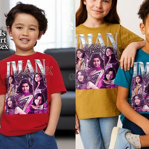 May include: Red, mustard yellow, and teal t-shirts featuring a graphic design with the text "IMAN" in silver, and images of a group of people. The shirts are labeled "Kids Shirt Unisex".