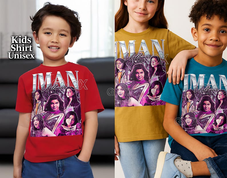 May include: Red, mustard yellow, and teal t-shirts featuring a graphic design with the text "IMAN" in silver, and images of a group of people. The shirts are labeled "Kids Shirt Unisex".