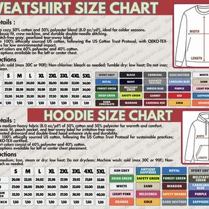 K&ouml;nnte beinhalten: Gr&ouml;&szlig;entabelle f&uuml;r Sweatshirts und Hoodies, die Produktspezifikationen und Pflegehinweise detailliert. Enth&auml;lt Ma&szlig;e in Zoll f&uuml;r Breite, L&auml;nge und &Auml;rmell&auml;nge sowie Farboptionen. Stoffdetails und Waschanweisungen sind ebenfalls angegeben.