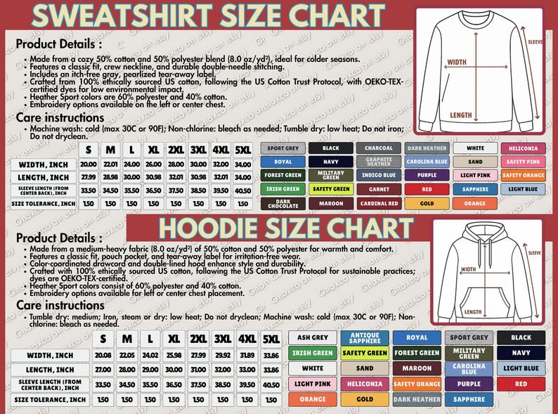 K&ouml;nnte beinhalten: Gr&ouml;&szlig;entabelle f&uuml;r Sweatshirts und Hoodies, die Produktspezifikationen und Pflegehinweise detailliert. Enth&auml;lt Ma&szlig;e in Zoll f&uuml;r Breite, L&auml;nge und &Auml;rmell&auml;nge sowie Farboptionen. Stoffdetails und Waschanweisungen sind ebenfalls angegeben.