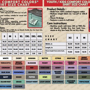 K&ouml;nnte beinhalten: Eine Gr&ouml;&szlig;entabelle f&uuml;r Comfort Colors-Shirts, die Ma&szlig;e in Zoll f&uuml;r Unisex- und Jugend-/Kindergr&ouml;&szlig;en detailliert. Enth&auml;lt Produktdetails, Pflegehinweise und eine Farbkarte mit 58 Optionen.
