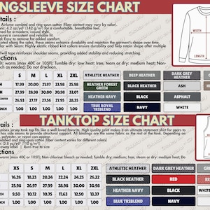 K&ouml;nnte beinhalten: Gr&ouml;&szlig;entabelle f&uuml;r Langarmshirts und Tanktops, mit Ma&szlig;en in Zoll. Enth&auml;lt Produktdetails, Pflegehinweise und Farboptionen wie Schwarz, Marineblau und Heather Grey. Die Gr&ouml;&szlig;en der Langarmshirts reichen von S bis 2XL.