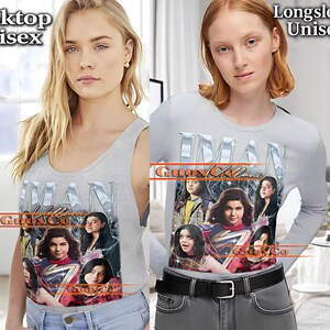 K&ouml;nnte beinhalten: Ein hellgraues Unisex-Tanktop und ein lang&auml;rmliges Shirt. Beide Shirts zeigen eine Grafik mit dem Wort "IMAN" in Silber, eine Collage von Bildern und dem Text "Glow & Co". Das Tanktop ist &auml;rmellos, und das Langarmshirt hat lange &Auml;rmel.