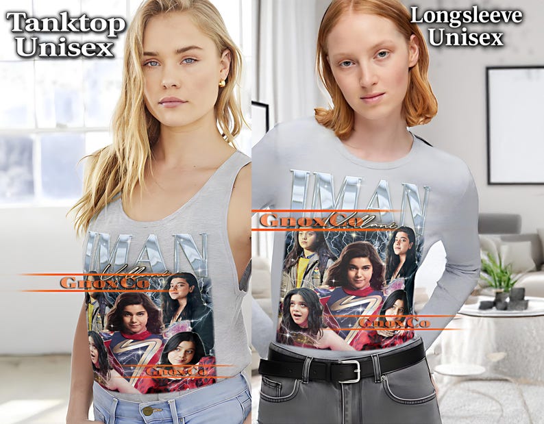 K&ouml;nnte beinhalten: Ein hellgraues Unisex-Tanktop und ein lang&auml;rmliges Shirt. Beide Shirts zeigen eine Grafik mit dem Wort "IMAN" in Silber, eine Collage von Bildern und dem Text "Glow & Co". Das Tanktop ist &auml;rmellos, und das Langarmshirt hat lange &Auml;rmel.